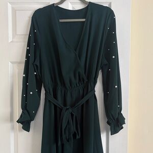 SHEIN Dark Green Long Sleeve Dress with Pearl Details